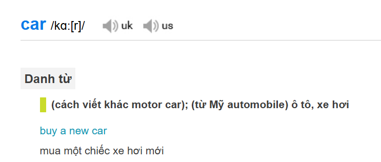 kết quả tra từ vựng car