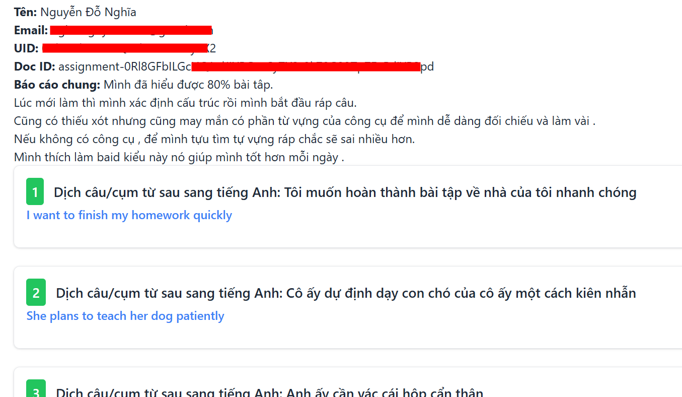 Kết quả bài tập học viên